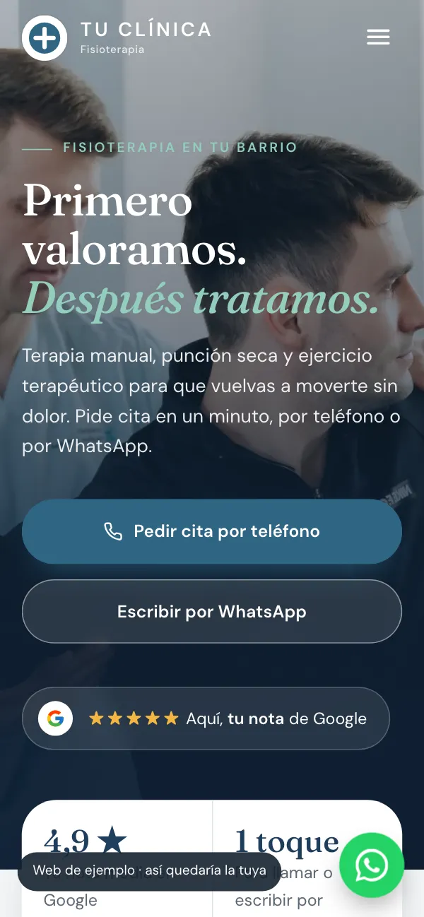 Captura en móvil de la web de ejemplo de una clínica de fisioterapia